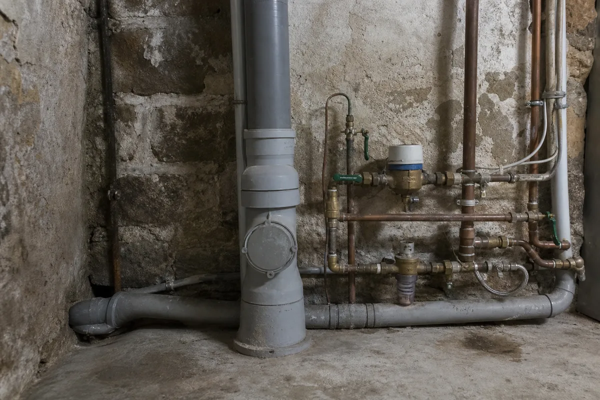 Bas d’une colonne technique et canalisations dans un sous-sol d’immeuble ancien
