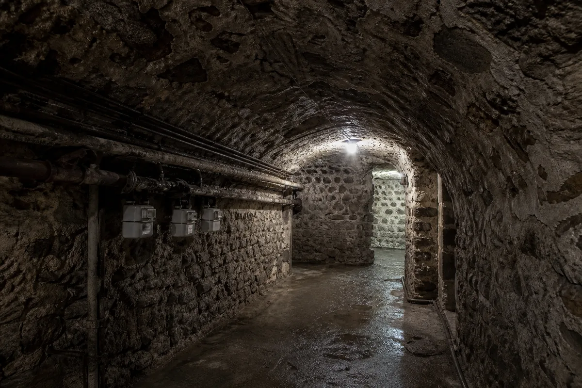 Cave voûtée d’un immeuble parisien ancien avec canalisations apparentes le long d’un mur de pierre