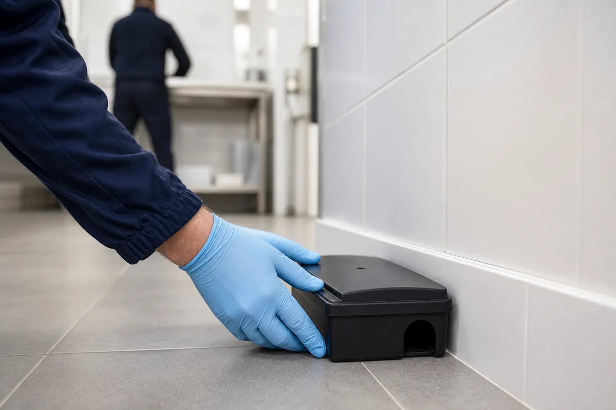 Technicien installant un poste d’appâtage sécurisé le long d’une plinthe dans un local technique