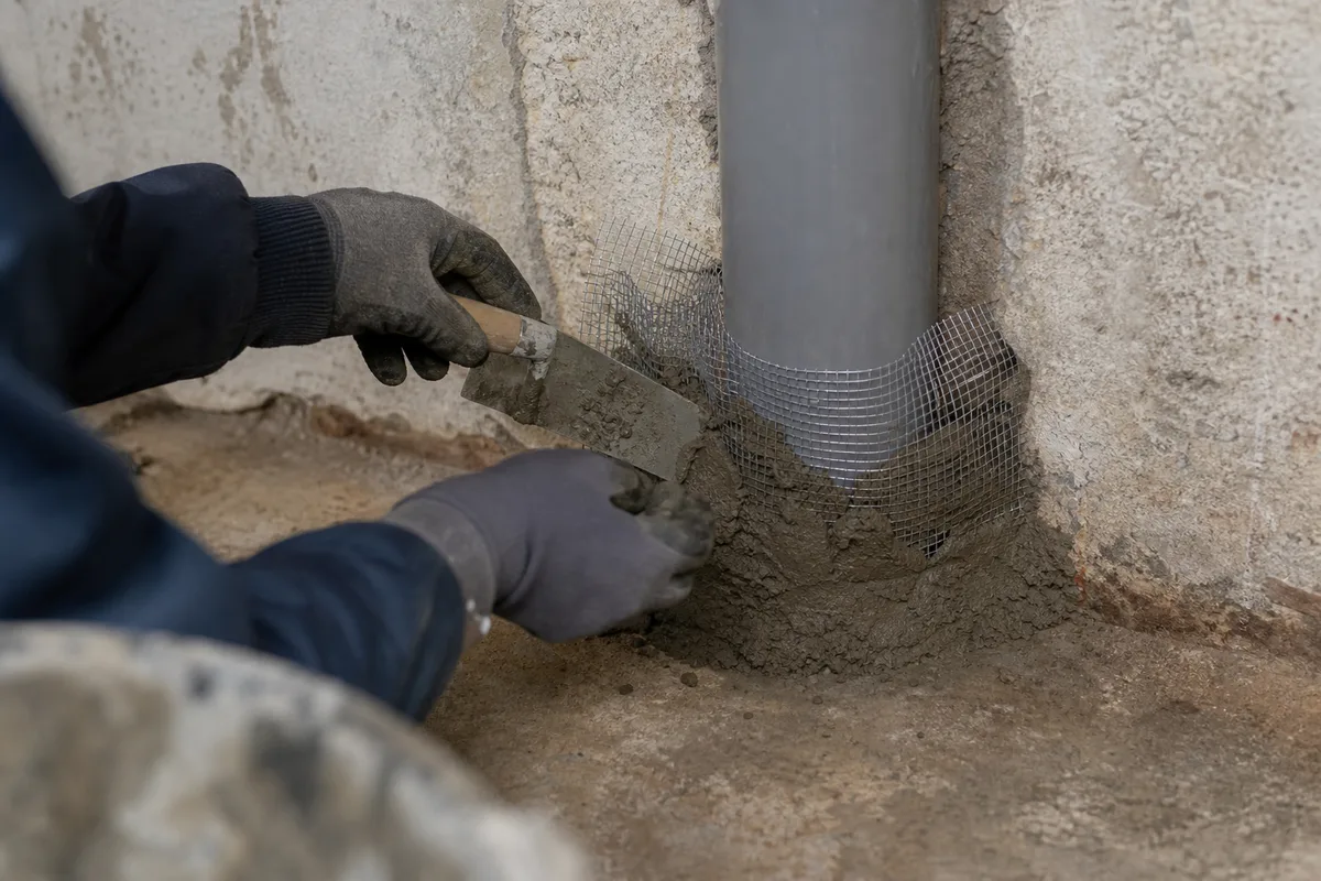 Technicien colmatant une gaine avec grille metallique et mortier en bas de mur