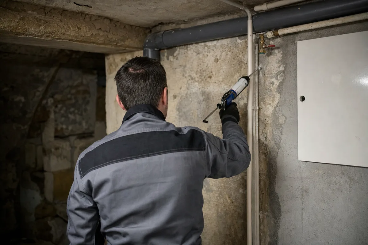 Technicien de dos appliquant un gel le long d’une gaine technique en cave