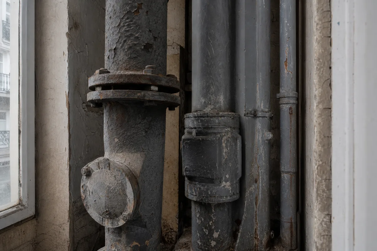 Colonne technique et canalisations en fonte dans une gaine d’immeuble ancien
