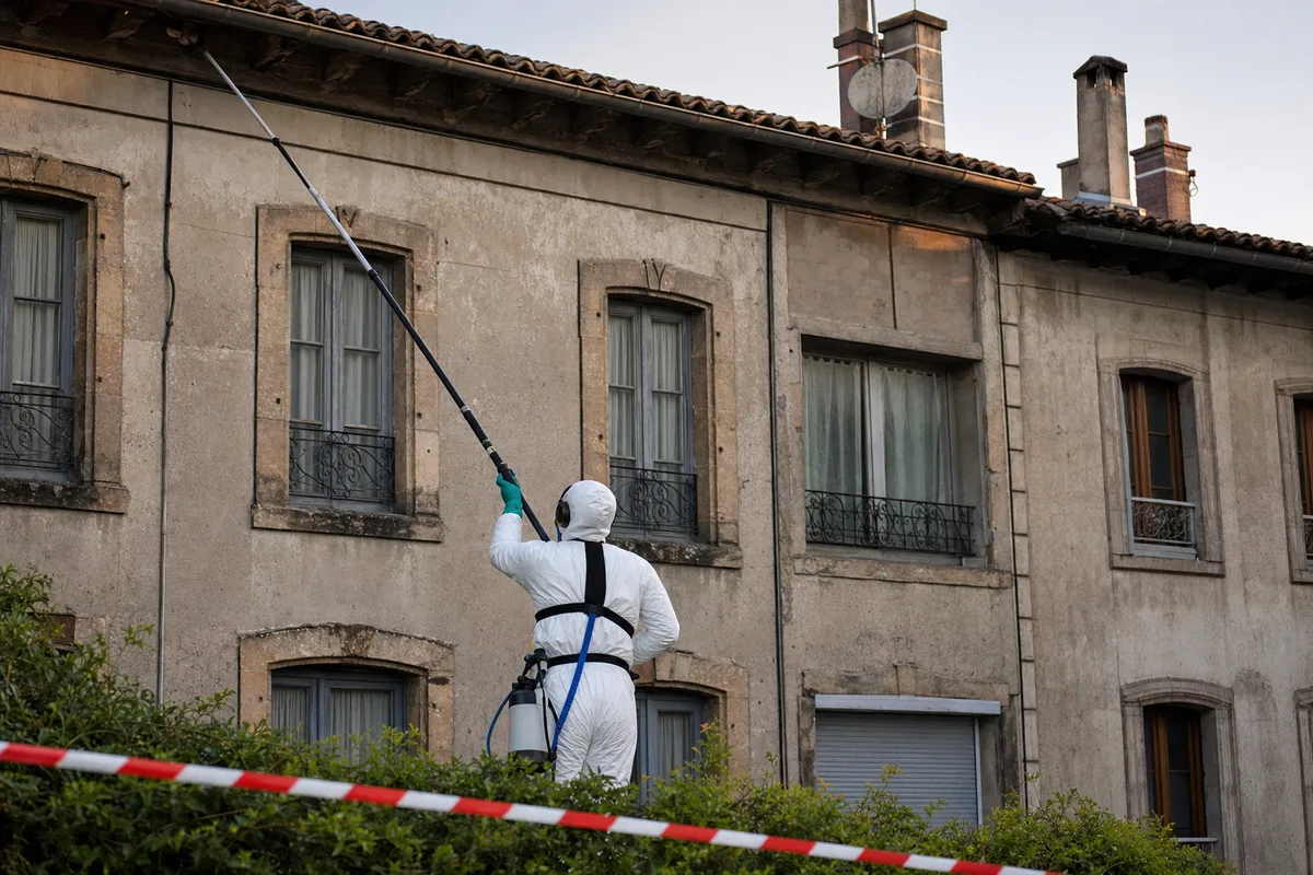 Technicien en combinaison utilisant une perche telescopique vers une toiture