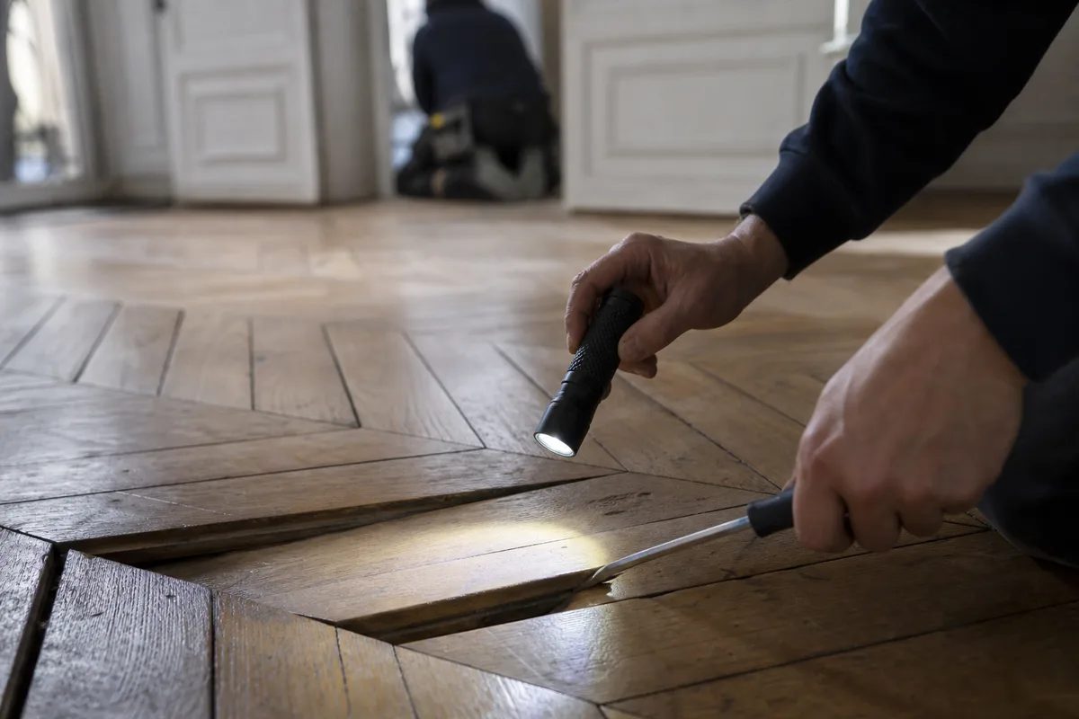 Technicien inspectant un parquet ancien à la lampe dans un appartement haussmannien