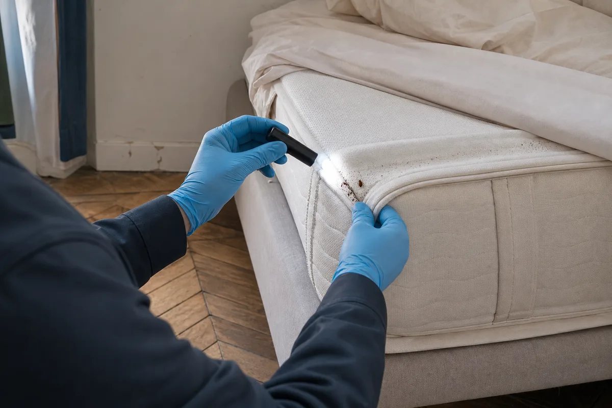 Coutures d’un matelas inspectées à la lampe torche dans une chambre parisienne