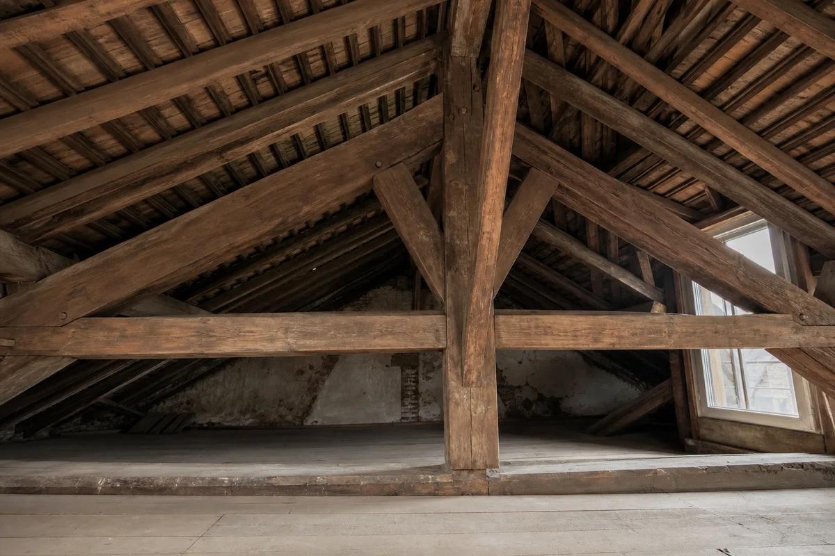 Charpente en bois d’un comble ancien, poutres et solives en lumiere rasante